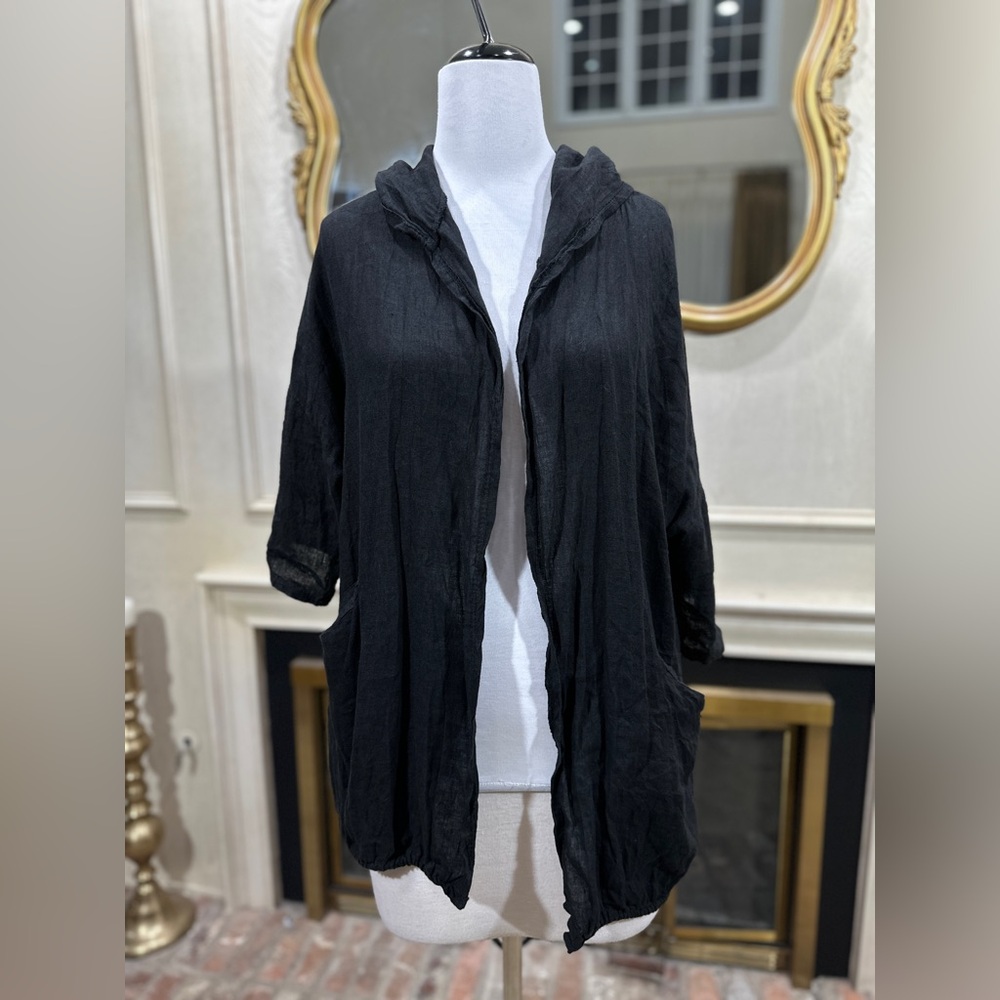 Gigi Moda Italy Linen Hooded Jacket Black Drawstring Hem Floral Back OS - Picture 2 of 15